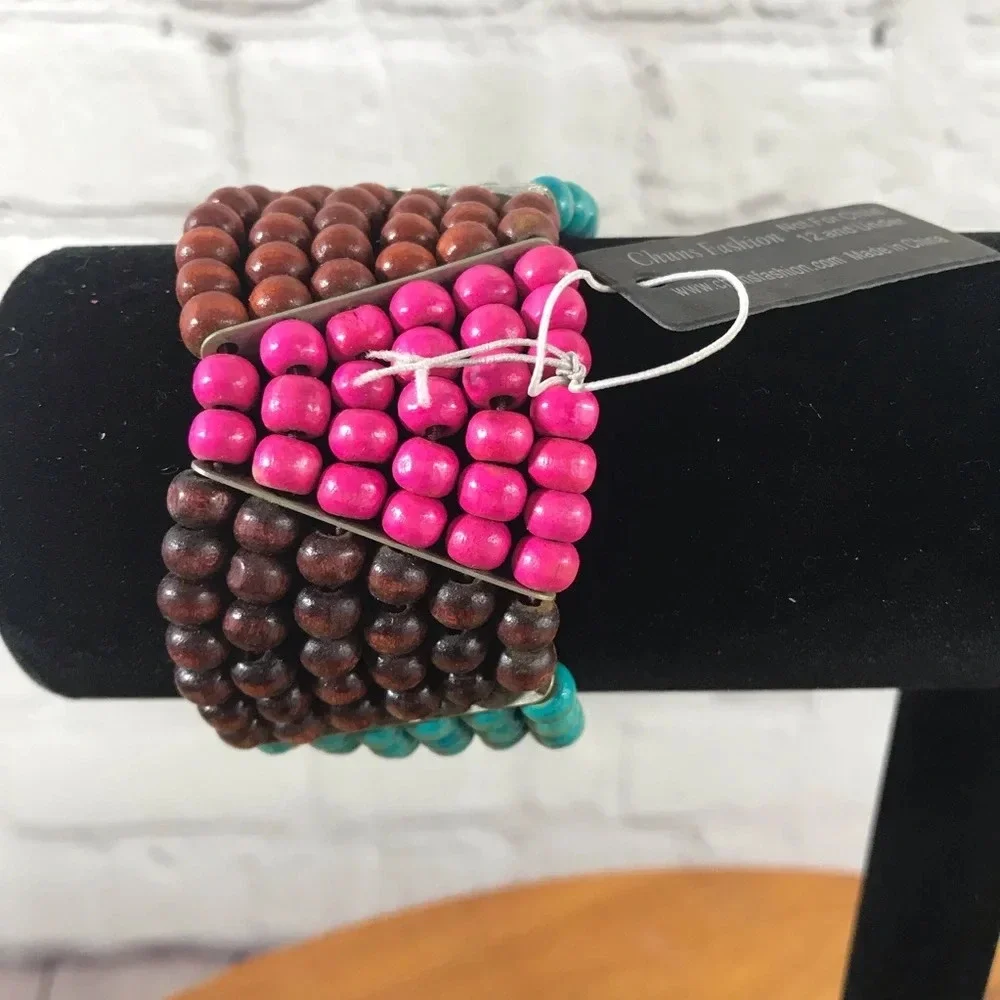 Pink, Aqua, and Brown Wood Bead Fashion Stretch Bracelet - New with Tag - Picture 4 of 6